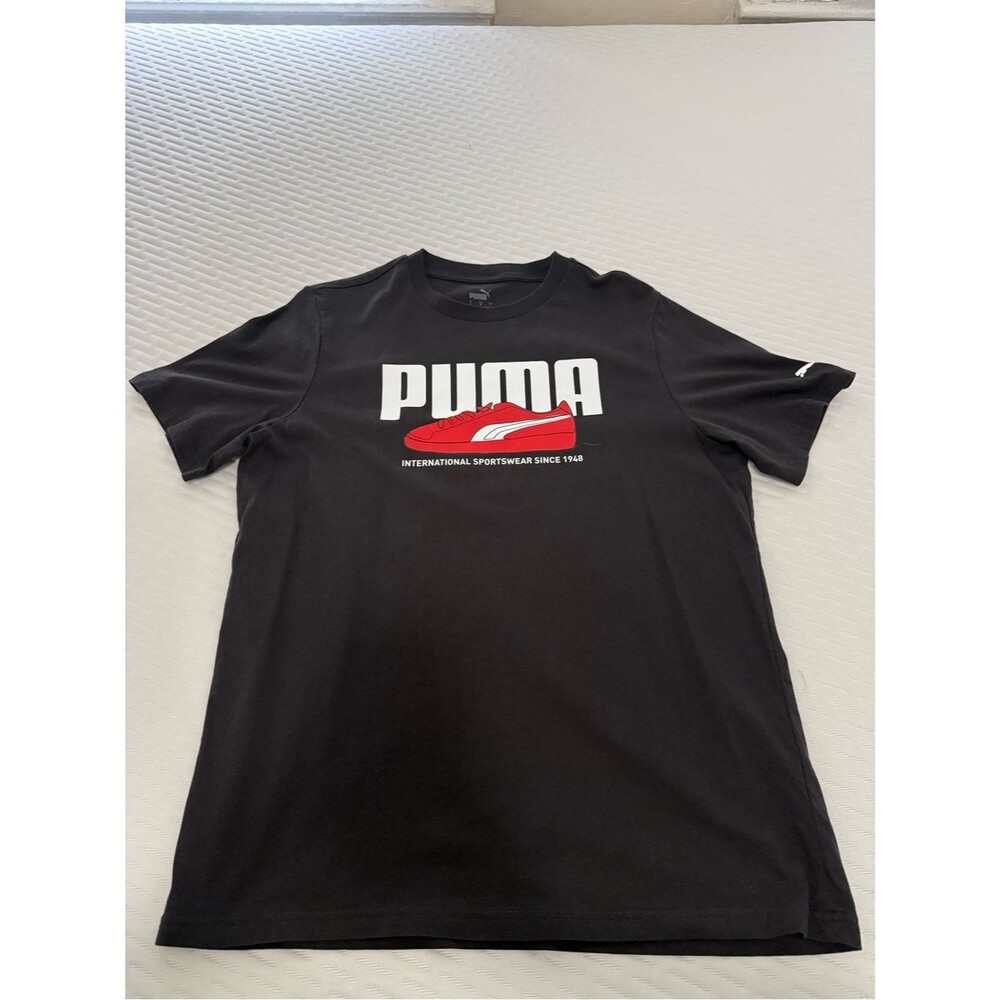 Puma Black Graphic Logo Tee Red Shoe Print Short Sleeve Size L